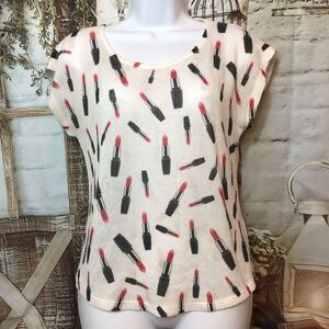 Blu Planet Scoop neck short sleeve Red Lipstick shirt top size makeup glam s/m